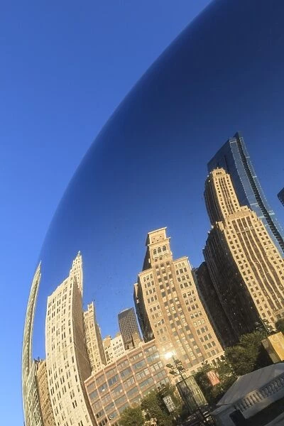 Skyscrapers reflecting in the Cloud Gate steel sculpture, Millennium Park, Chicago, Illinois, United States of America, North America