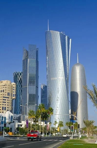 Skyscrapers on skyline, left to right Palm Tower, Al Bidda Tower and Burj Qatar