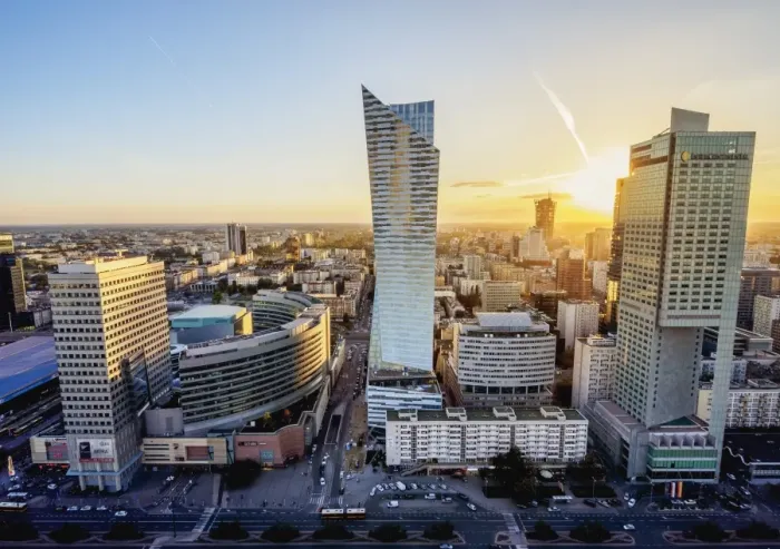 Framed Print : Skyscrapers at sunset, City Centre, Warsaw, Masovian Voivodeship, Poland, Europe
