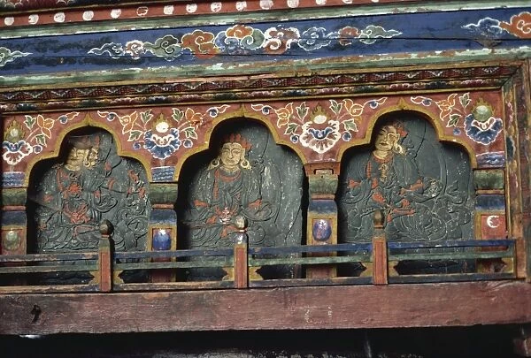 Slate carvings, Rimpung Dzong, Paro, Bhutan, Asia
