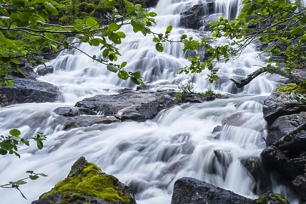 Slow shutter speed to create silky waterfall, Hellemoboten, Norway, Scandinavia, Europe