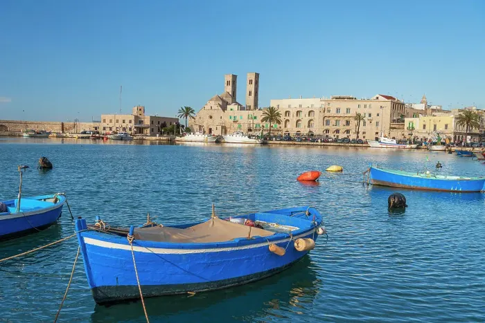 Framed Print : Small blue boats moored in the water of the harbour of the old medieval town of Barletta, Adriatic Sea, Mediterranean Sea, Apulia, Italy, Europe Framed Print : Small blue boats moored in the water of the harbour of the old medieval town of Barletta, Adriatic Sea, Mediterranean Sea, Apulia, Italy, Europe