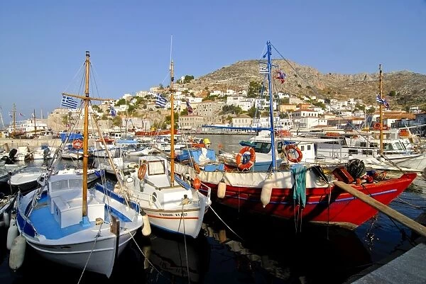 Small boats in the harbour of the island of Hydra, Greek Islands, Greece, Europe