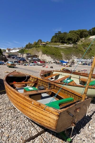 Small fishing boats on the pebble beach, Beer, a small fishing village on the Devon Heritage Coast, Jurassic Coast, UNESCO World Heritage Site, Devon, England, United Kingdom, Europe