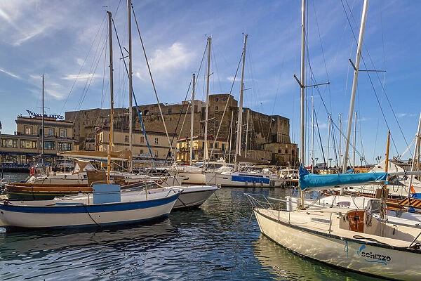 Small harbor with boats in front of the Castel dell Ovo, Naples, Campania, Italy, Mediterranean, Europe