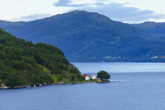 Framed Print : Small houses on Storfjord (Storfjorden), Norway, Scandinavia, Europe