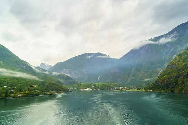 The small town of Flam situated at the innermost part of Aurlandsfjord, a branch of Sognefjord