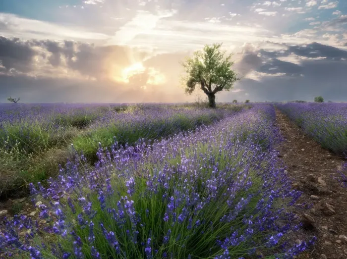Framed Print : A small tree at the end of a lavender line in a field at sunset with clouds in the sky, Plateau de Valensole, Provence, France, Europe Framed Print : A small tree at the end of a lavender line in a field at sunset with clouds in the sky, Plateau de Valensole, Provence, France, Europe
