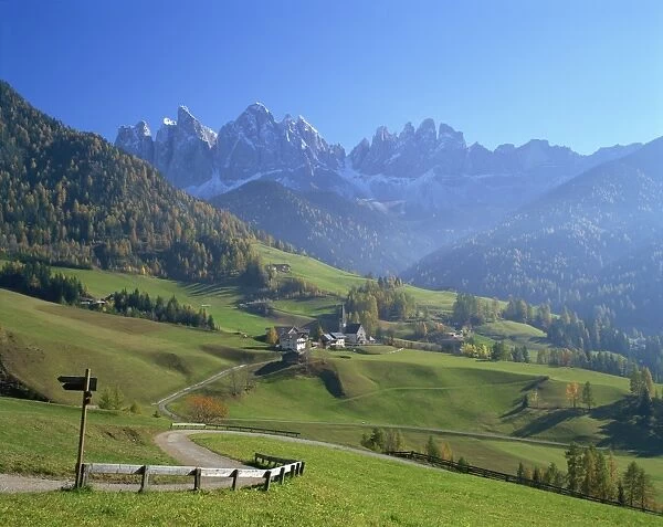 Small village of St. Magdalena in the Villnoss Valley, in the Dolomites