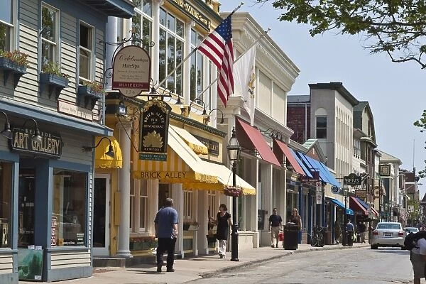 Smart shops and cobbled roadway on popular Thames Street in historic Newport