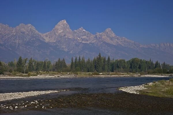 Snake River and Grand Teton Cathedral Group from Blacktail Ponds area, Grand Teton National Park, Wyoming, United States of America, North America