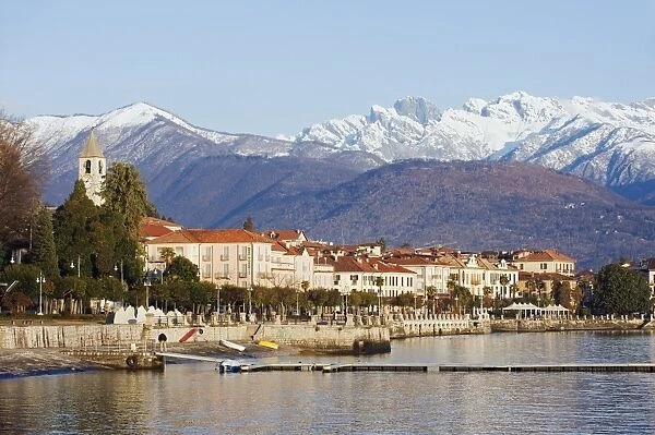 Snow capped mountains above Stresa waterfront, Lake Maggiore, Italian Lakes