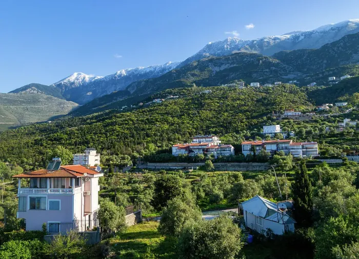 Framed Print : Snow capped peaks including Mount Cika rising above hillside village, Palase, near Dhermi, Albania, Europe Framed Print : Snow capped peaks including Mount Cika rising above hillside village, Palase, near Dhermi, Albania, Europe
