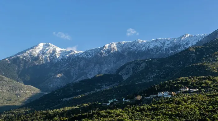 Framed Print : Snow capped peaks including Mount Cika rising above hillside village, Palase, near Dhermi, Albania, Europe Framed Print : Snow capped peaks including Mount Cika rising above hillside village, Palase, near Dhermi, Albania, Europe