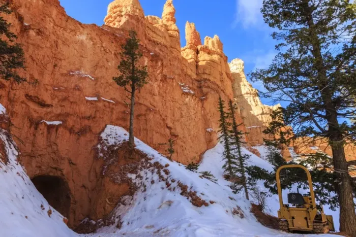 Framed Print : Snow clearing equipment at a tunnel through sunlit red rock in winter, Peekaboo Loop Trail, Bryce Canyon National Park, Utah, United States of America, North America Framed Print : Snow clearing equipment at a tunnel through sunlit red rock in winter, Peekaboo Loop Trail, Bryce Canyon National Park, Utah, United States of America, North America