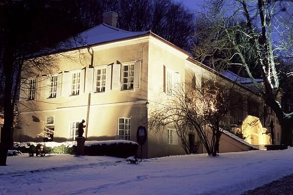 Snow covered Baroque Bertramka villa where Amadeus Mozart lived during his stay in Prague