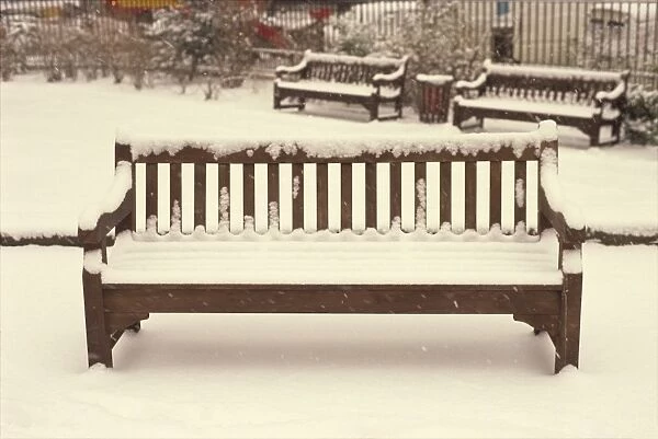 Snow covered benches, London, England, United Kingdom, Europe