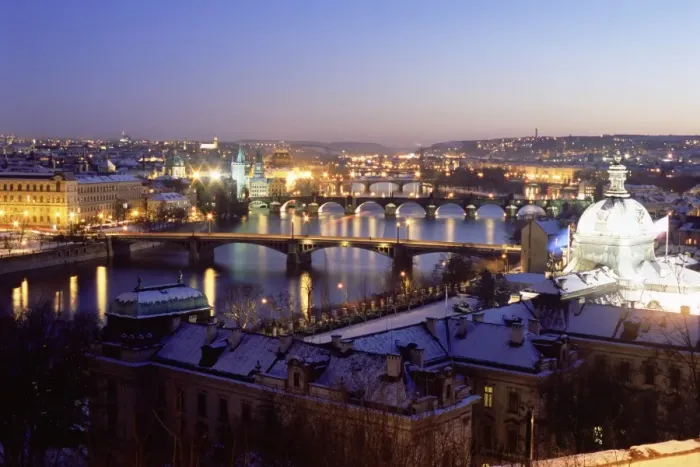 Framed Print : Snow covered bridges across Vltava River dividing Old Town from Mala Strana suburbs in winter twilight, Mala Strana, Prague, Czech Framed Print : Snow covered bridges across Vltava River dividing Old Town from Mala Strana suburbs in winter twilight, Mala Strana, Prague, Czech