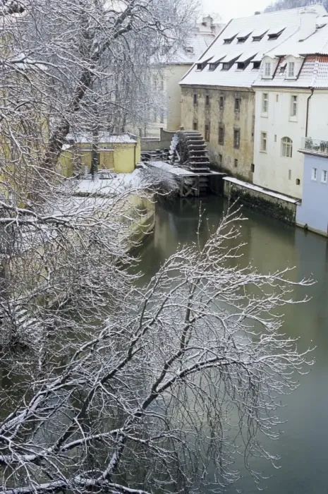 Framed Print : Snow-covered Certovka Canal and water wheel at Kampa Island, Mala Strana suburb Framed Print : Snow-covered Certovka Canal and water wheel at Kampa Island, Mala Strana suburb
