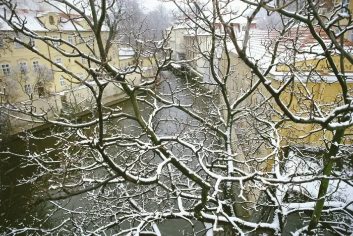 Framed Print : Snow-covered Certovka Channel at Kampa, Mala Strana, Prague, Czech Republic, Europe