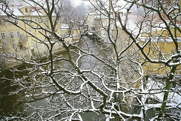 Snow-covered Certovka Channel at Kampa, Mala Strana, Prague, Czech Republic, Europe
