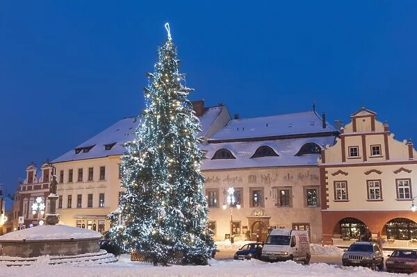 Snow-covered Christmas Tree and Renaissance buildings, Jihocesky, Czech Republic, Europe