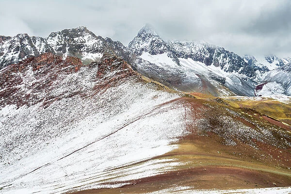 Snow-covered landscape near Rainbow Mountain (Vinicunca), Cusco, Peru, South America