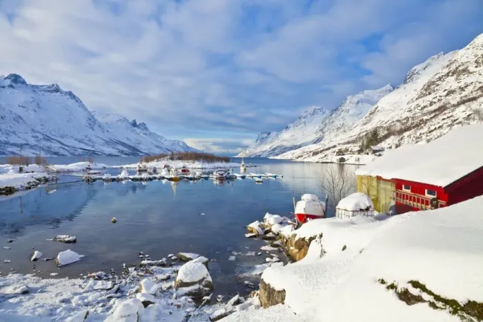Framed Print : Snow covered mountains, boathouse and moorings in Norwegian fjord village of Ersfjord, Kvaloya island, Troms, Norway, Scandinavia, Europe
