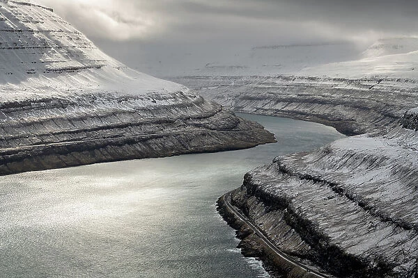 Snow-covered mountains along Funningur fjord, Eysturoy Island, Faroe Islands, Denmark, Europe