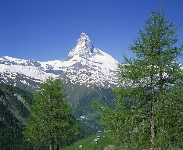 The snow covered peak of the Matterhorn in Switzerland