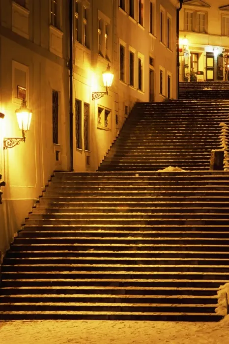 Framed Print : Snow covered Radnicke Steps in Mala Strana suburb at night, Prague, Czech Republic Framed Print : Snow covered Radnicke Steps in Mala Strana suburb at night, Prague, Czech Republic