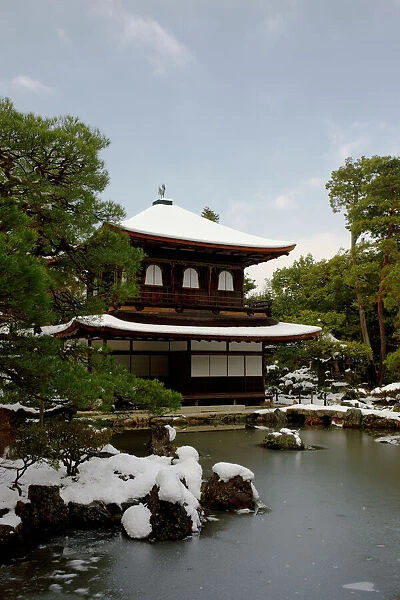 Snow-covered Silver Pavilion, Ginkaku-ji Temple, Kyoto, Japan, Asia