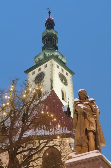 Framed Print : Snow-covered statue of Jan Zizka and Church of Transfiguration of Our Lady on Mount Tabor, Jihocesky, Czech Republic, Europe Framed Print : Snow-covered statue of Jan Zizka and Church of Transfiguration of Our Lady on Mount Tabor, Jihocesky, Czech Republic, Europe