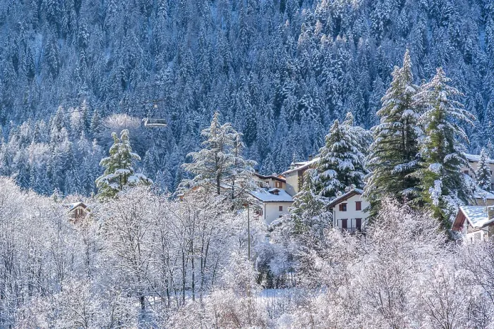 Framed Print : Snow covered trees and Courmayeur to Plan Checrouit cable car viewed from Courmayeur in winter, Courmayeur, Aosta Valley, Italian Alps, Italy