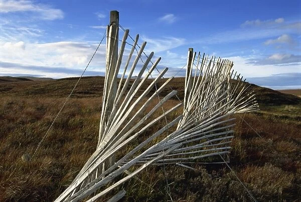 Snow fences and moorland, near Dundonnell, Wester Ross, Highlands, Scotland