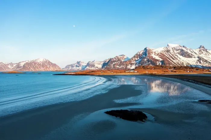 Framed Print : Snowcapped mountains reflected on Fredvang beach washed by waves at sunset, Nordland county, Lofoten Islands, Norway, Europe Framed Print : Snowcapped mountains reflected on Fredvang beach washed by waves at sunset, Nordland county, Lofoten Islands, Norway, Europe