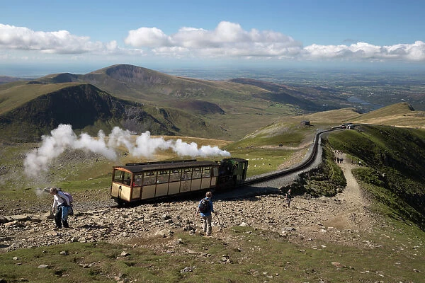 Snowdon Mountain Railway train and the Llanberis path, Snowdon, Snowdonia National Park