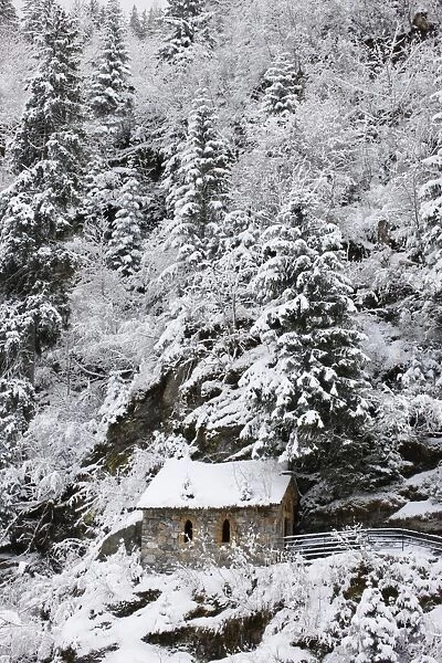 Snowed covered Notre-Dame de la Gorge chapel, Les Contamines, Haute-Savoie