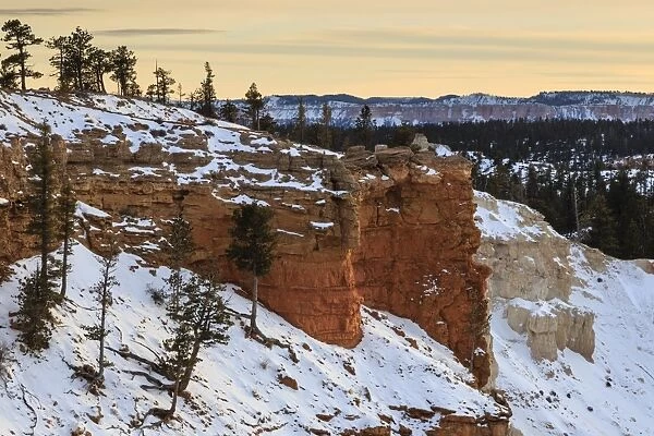 Snowy cliffs of the rim lit by weak winters late afternoon sun, Bryce Point, Bryce Canyon National Park, Utah, United States of America, North America