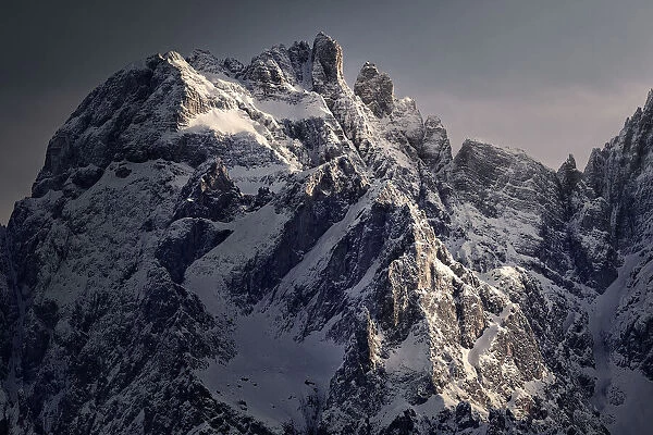 Snowy Dolomites peak hit by sunlight at sunset, Dolomites, Trentino-Alto Adige, Italy, Europe