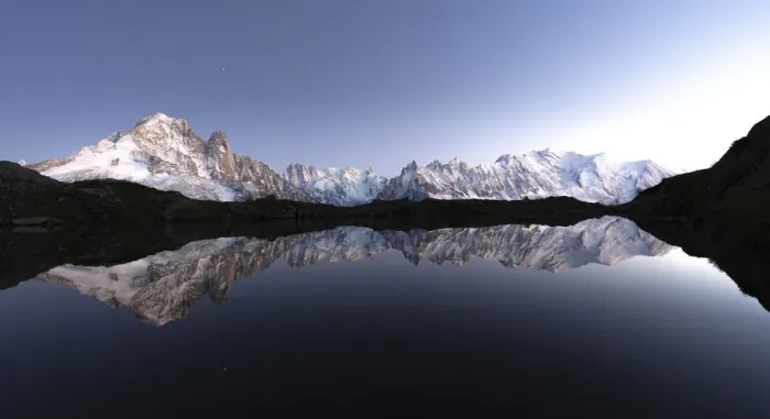 Framed Print : Snowy peaks of Mont Blanc massif mirrored in the clear water of Lacs de Cheserys at dusk Framed Print : Snowy peaks of Mont Blanc massif mirrored in the clear water of Lacs de Cheserys at dusk