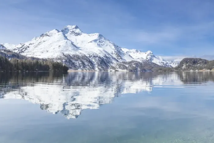 Framed Print : Snowy peaks reflected in the clear water of Lake Sils, Maloja, Canton of Graubunden Framed Print : Snowy peaks reflected in the clear water of Lake Sils, Maloja, Canton of Graubunden