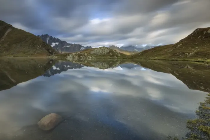 Framed Print : The snowy peaks are reflected in Fenetre Lakes at dawn, Ferret Valley, Saint Rhemy Framed Print : The snowy peaks are reflected in Fenetre Lakes at dawn, Ferret Valley, Saint Rhemy