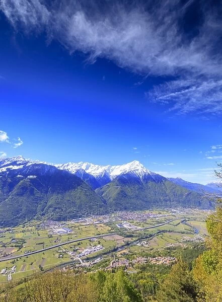 Snowy peaks of Rhaetian Alps in spring seen from Prati Nestrelli, Civo, province of Sondrio