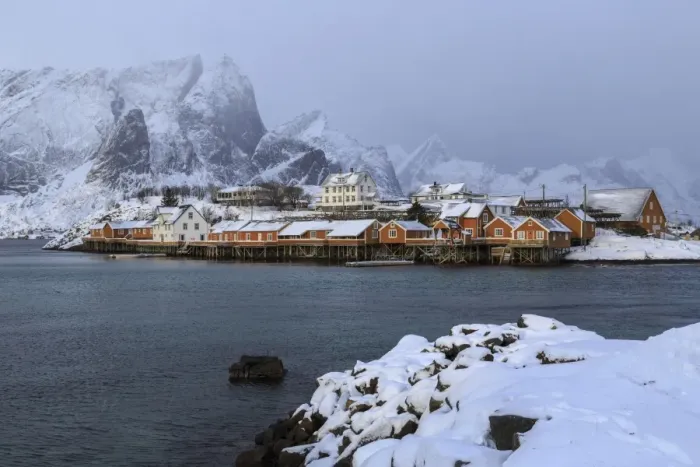 Framed Print : Snowy peaks and rorbu, the red houses of fishermen, in the landscape of the Lofoten Islands, Arctic, Norway, Scandinavia, Europe Framed Print : Snowy peaks and rorbu, the red houses of fishermen, in the landscape of the Lofoten Islands, Arctic, Norway, Scandinavia, Europe