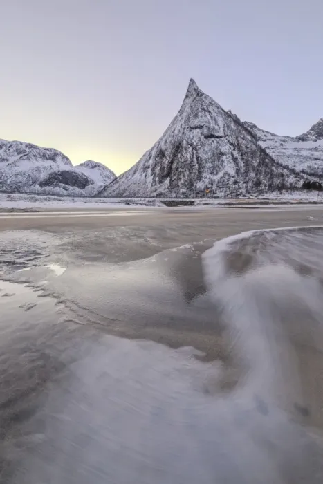 Framed Print : Snowy peaks and sandy beach framed by the icy waves of frozen sea at dawn, Ersfjord Framed Print : Snowy peaks and sandy beach framed by the icy waves of frozen sea at dawn, Ersfjord