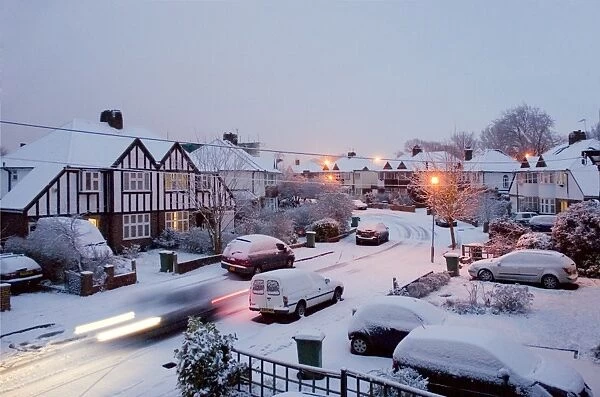 Snowy street scene, Surrey, Greater London, England, United Kingdom, Europe