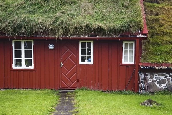 Sod roof building in historic Tinganes district, City of Torshavn, Faroe Islands