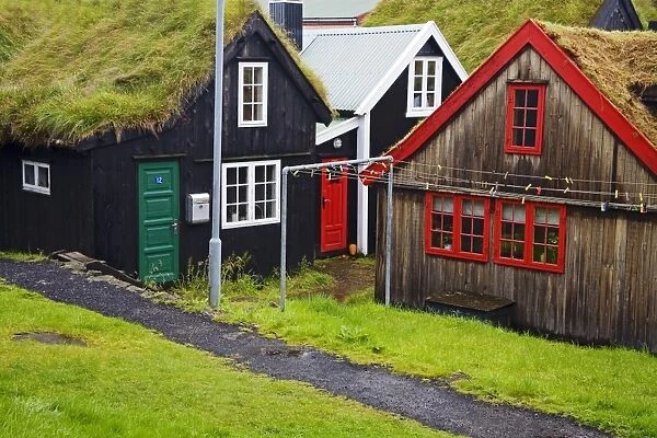 Sod roof houses in historic Tinganes district, City of Torshavn, Faroe Islands
