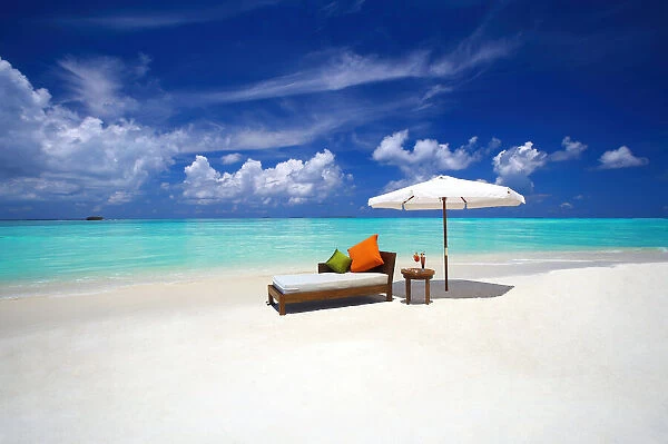 Sofa and tropical beach, The Maldives, Indian Ocean, Asia